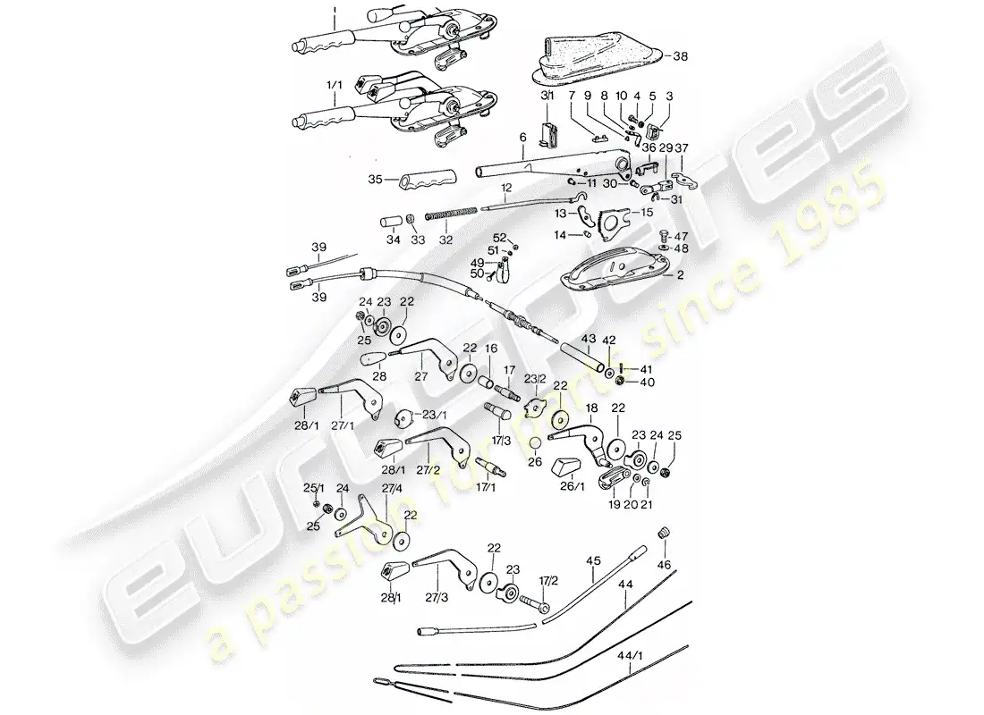 porsche 1977 (911) palanca de funcionamiento - freno de mano - acelerador manual diagrama de piezas