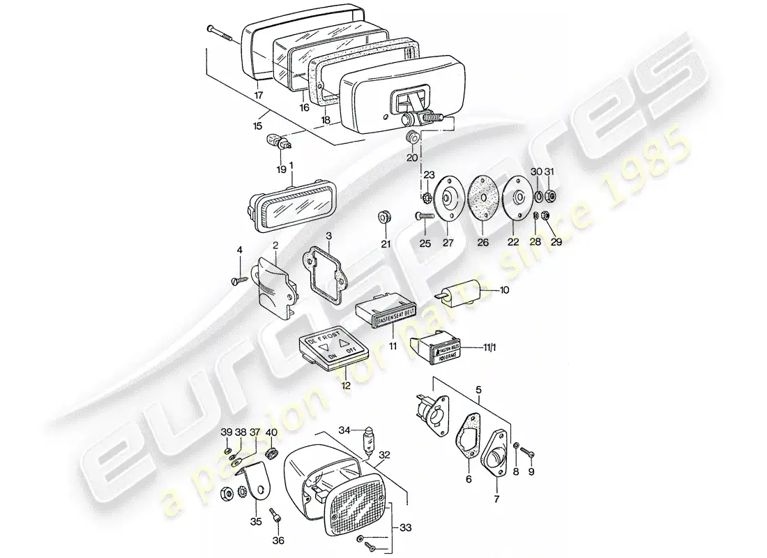 porsche 1975 (911) luces antiniebla - luz antiniebla trasera diagrama de piezas