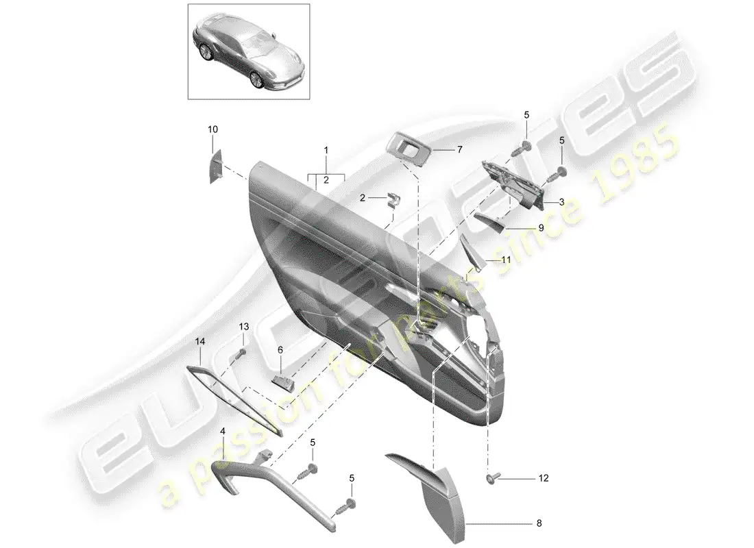 porsche 2014 (991-1 turbo) panel de la puerta diagrama de piezas