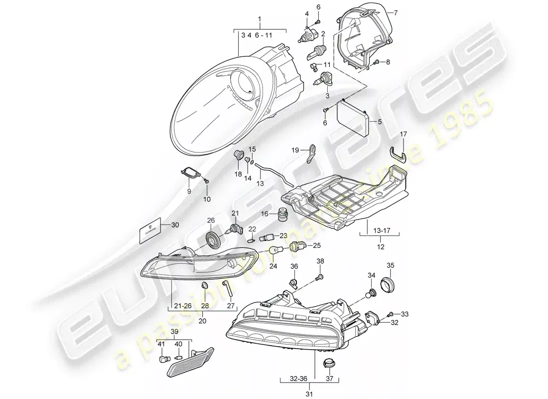 porsche 2008 (997-1 gt3) lámpara de cabeza diagrama de piezas