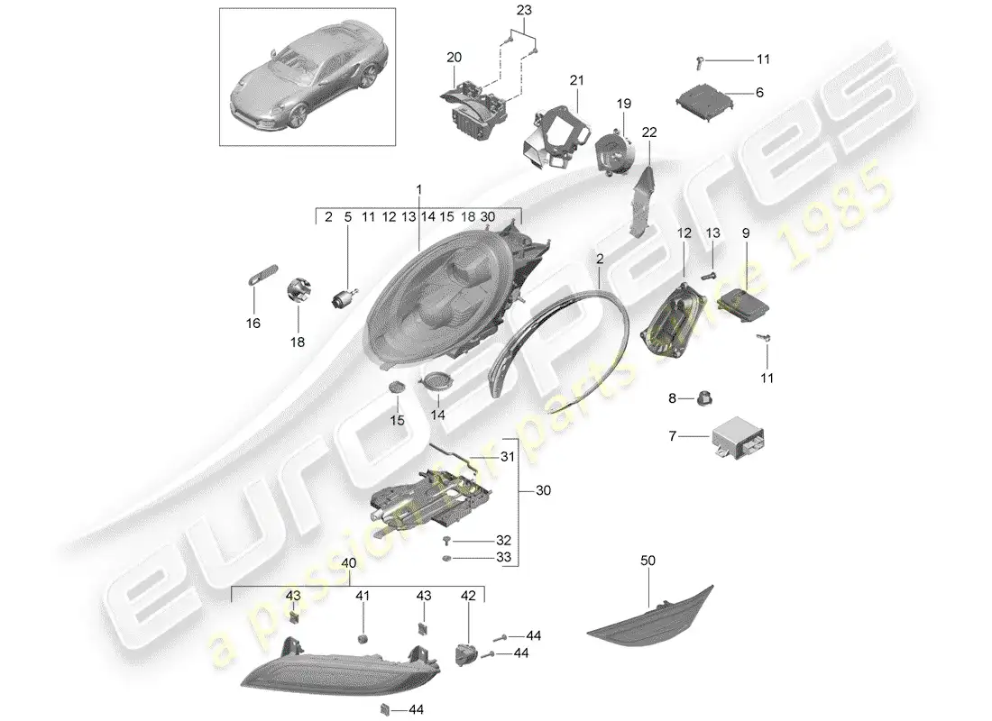 porsche 2019 (991-2 turbo) faro led diagrama de piezas