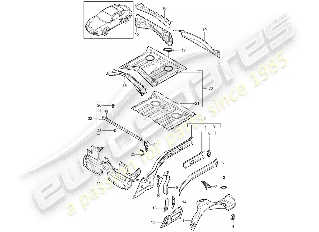 porsche 2010 (987 cayman) extremo posterior diagrama de piezas