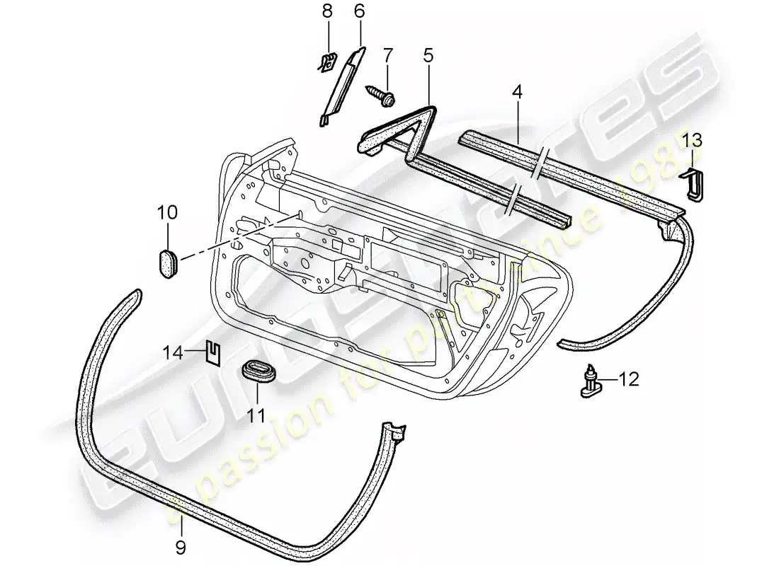 porsche 2001 (996 gt3) junta de la puerta diagrama de piezas