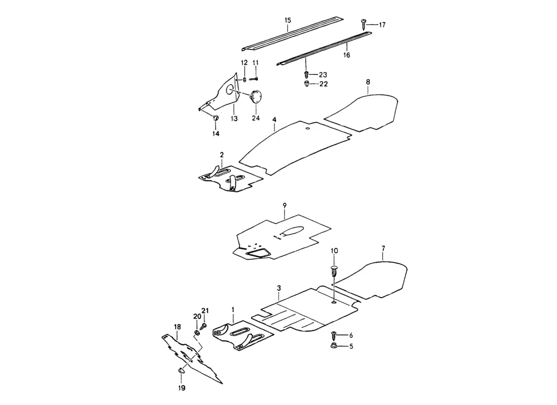 porsche 1994 (964) moldeados - espacio para los pies - alfombras desmontables diagrama de piezas