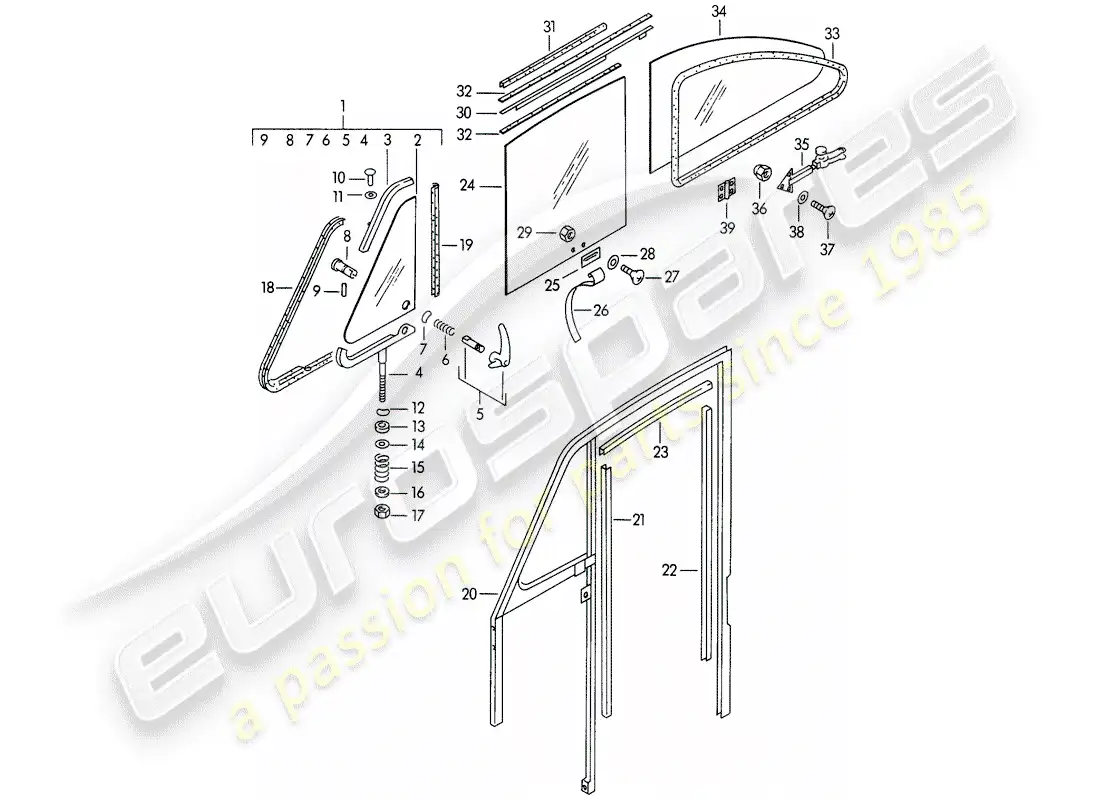 porsche 1951 (356/356a) ventana lateral - ventana de la puerta diagrama de piezas