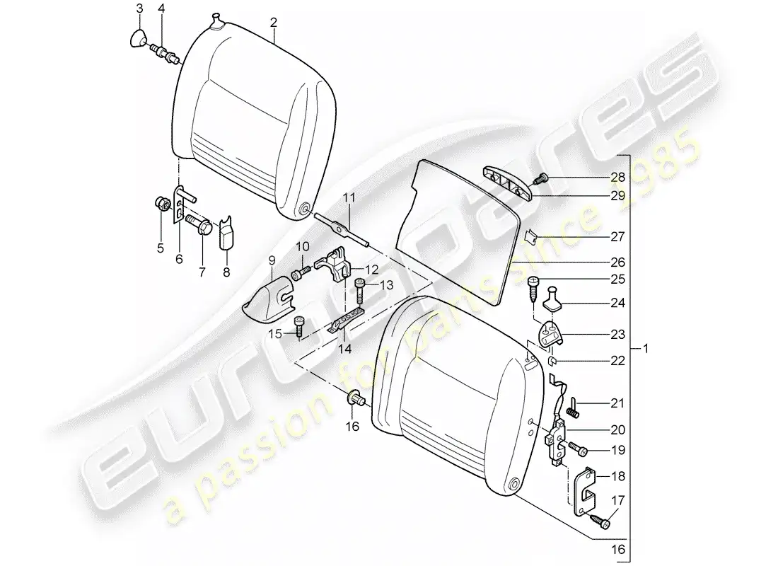 porsche 2004 (996 turbo / gt2) respaldo del asiento de emergencia diagrama de piezas