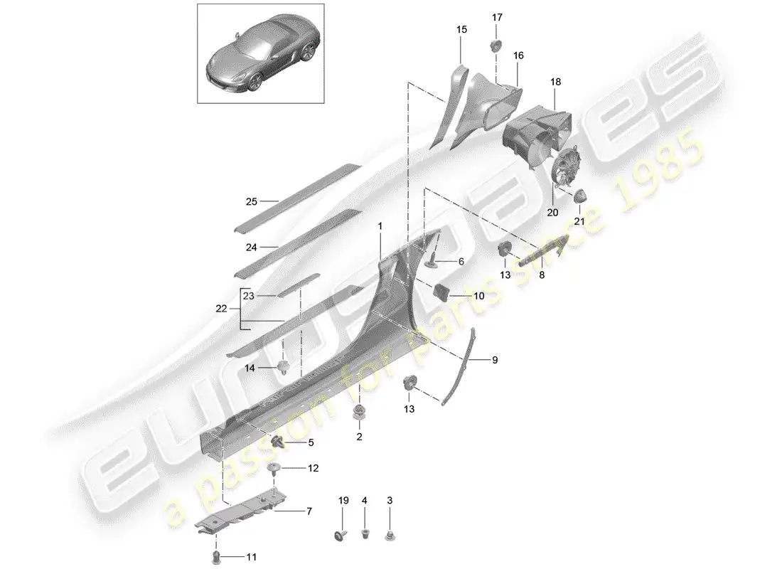 porsche 2012 (981 boxster) moldura de larguero diagrama de piezas