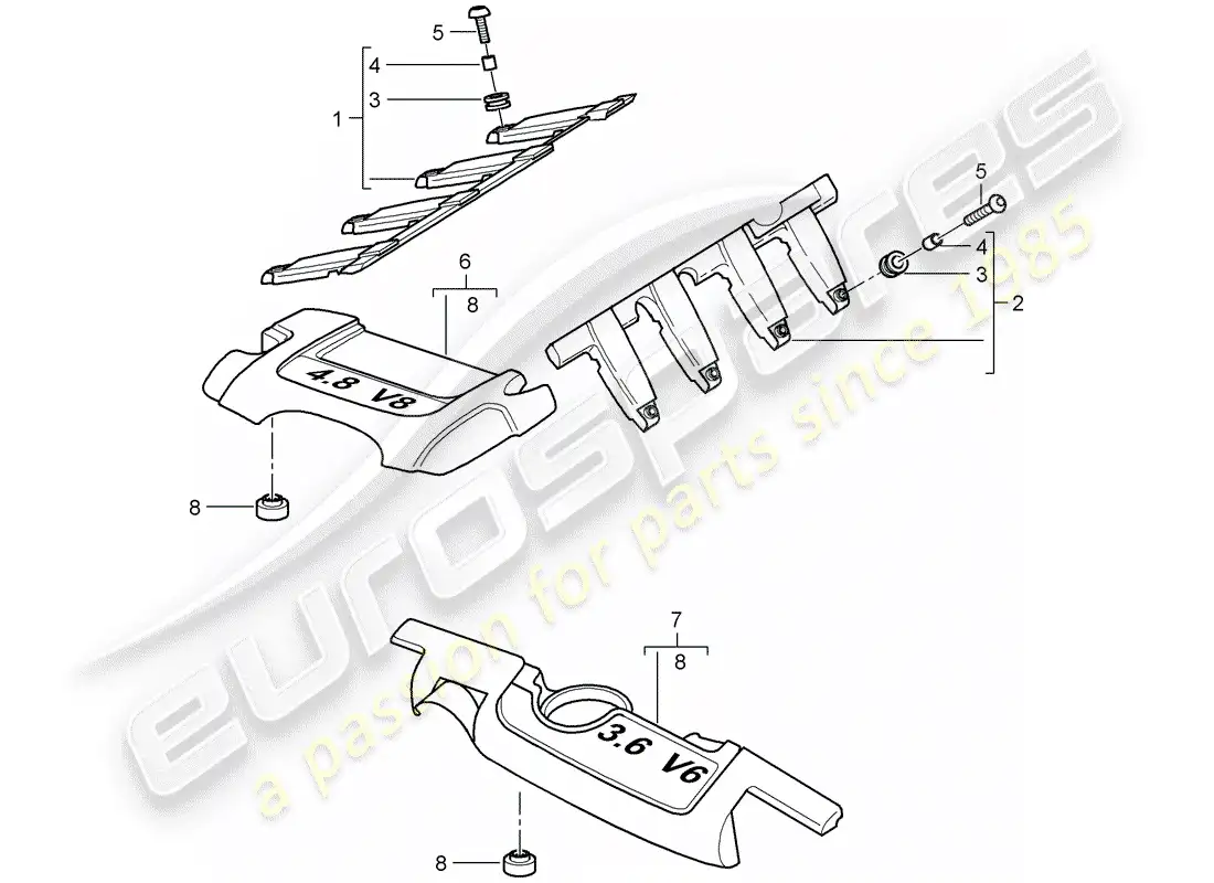 porsche 2008 (cayenne e1 9pa) cubierta del motor diagrama de piezas