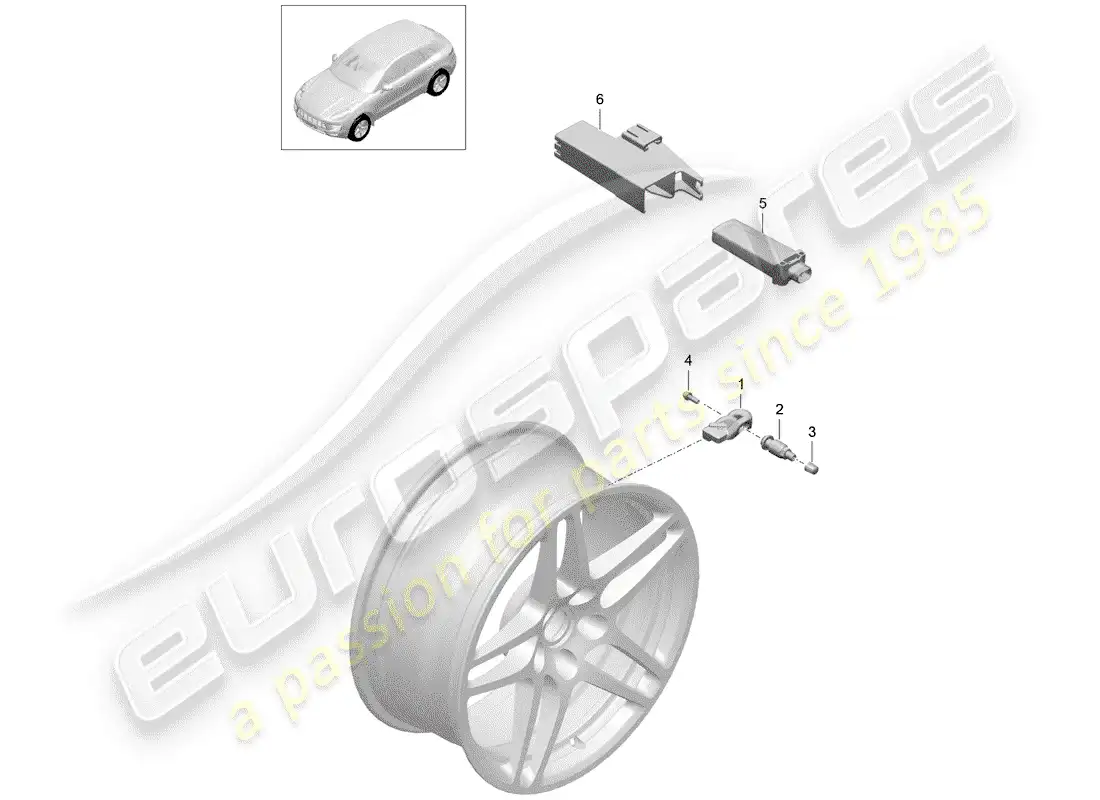 porsche 2016 (macan) sistema de control de presión de neumáticos diagrama de piezas