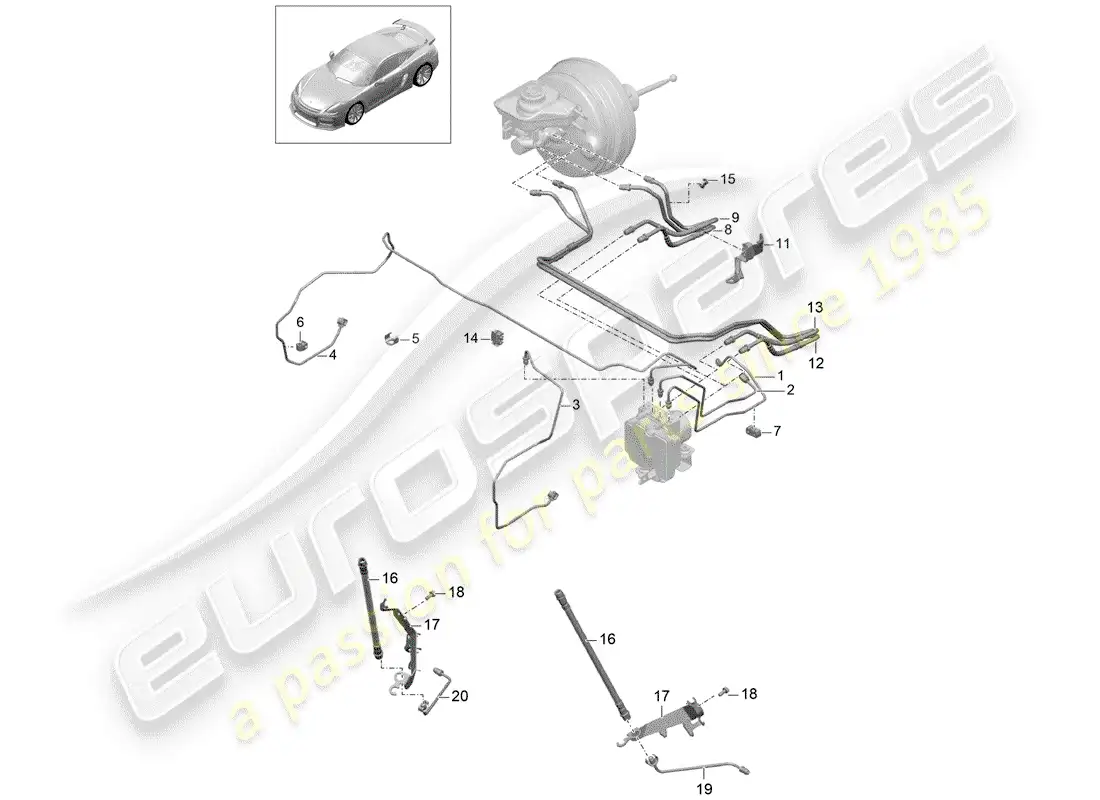 porsche 2016 (981 cayman gt4) diagrama de piezas de líneas de freno
