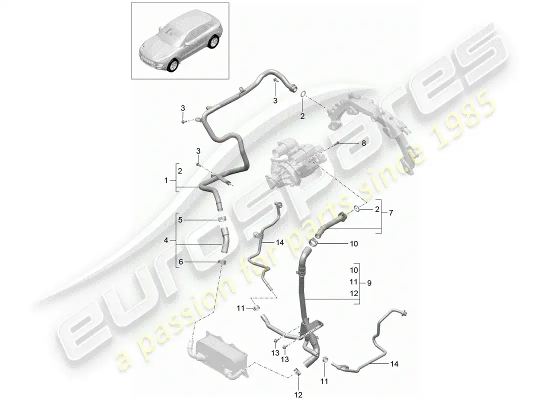 porsche 2018 (macan) diagrama de piezas de refrigeración por agua