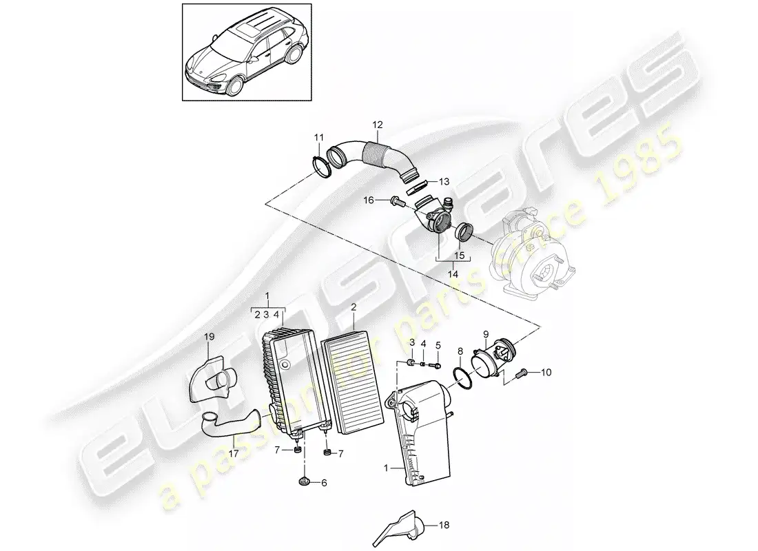 porsche 2016 (cayenne e2 92a) filtro de aire con conexión diagrama de piezas
