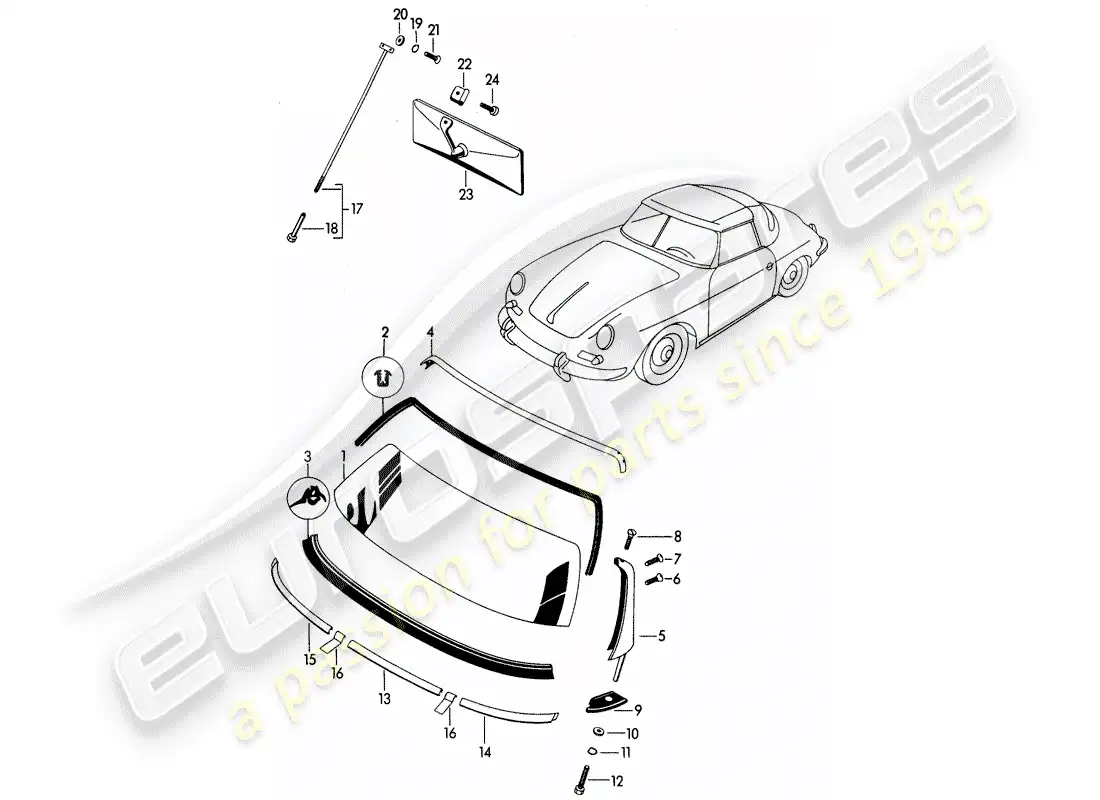 porsche 1965 (356b/356c) acristalamiento de ventanas diagrama de piezas