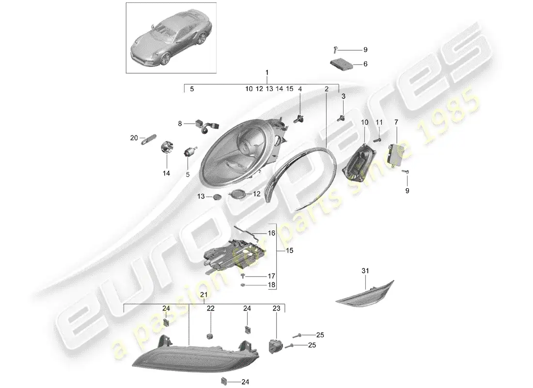 porsche 2014 (991-1 turbo) lámpara de cabeza diagrama de piezas
