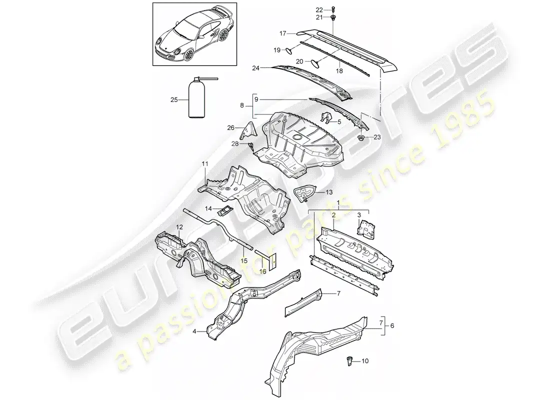 porsche 2011 (997-2 turbo / gt2 rs) diagrama de piezas del extremo trasero