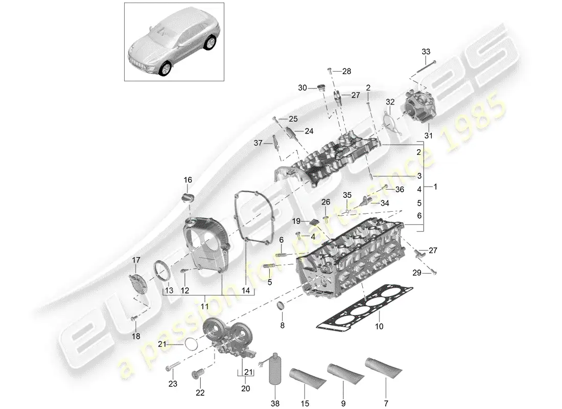 porsche 2017 (macan) cabeza de cilindro diagrama de piezas