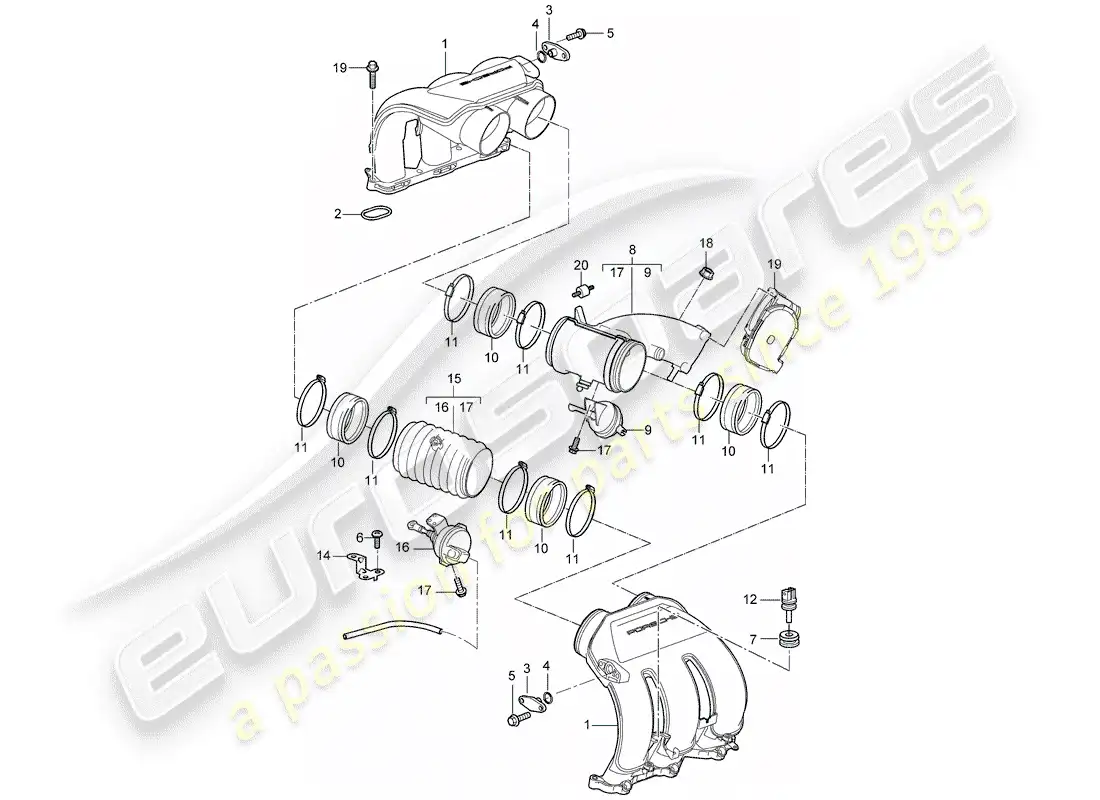 porsche 2007 (987 boxster) distribuidor de aire de admisión diagrama de piezas