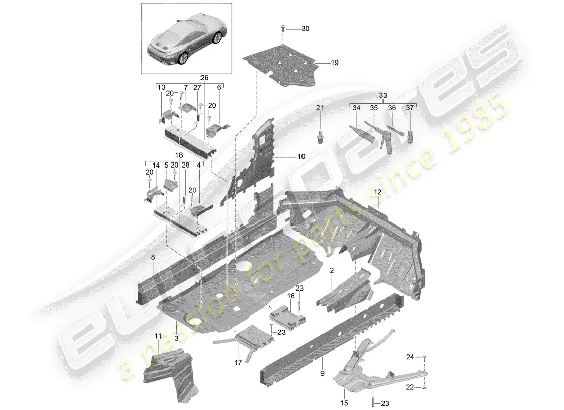 porsche 2015 (991-1 turbo) placas de piso diagrama de piezas