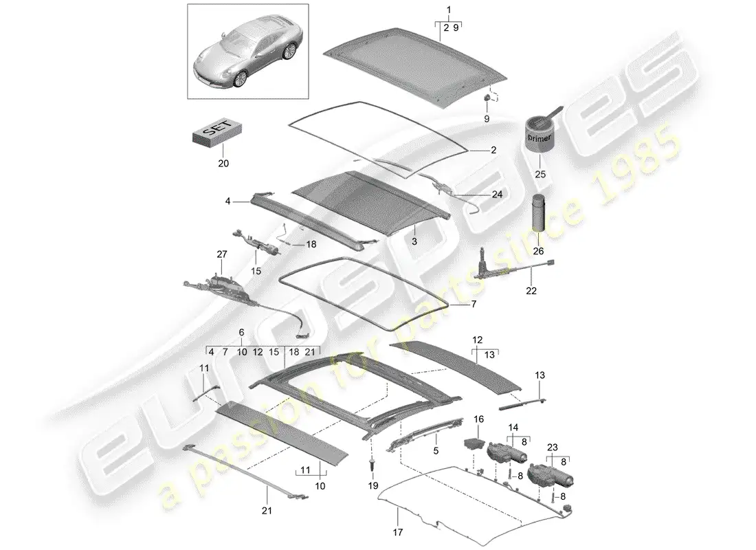 porsche 2019 (991-2) techo de cristal diagrama de piezas
