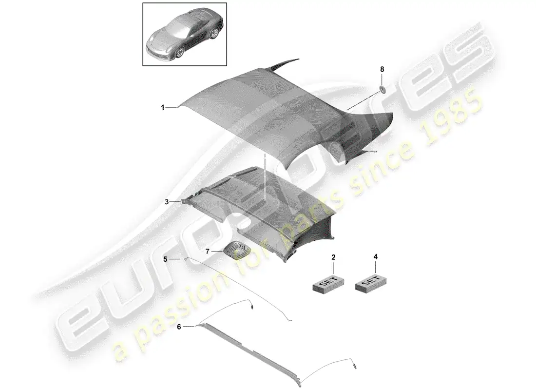 porsche 2018 (991-2 r/gt3/rs) cubierta de capota convertible diagrama de piezas