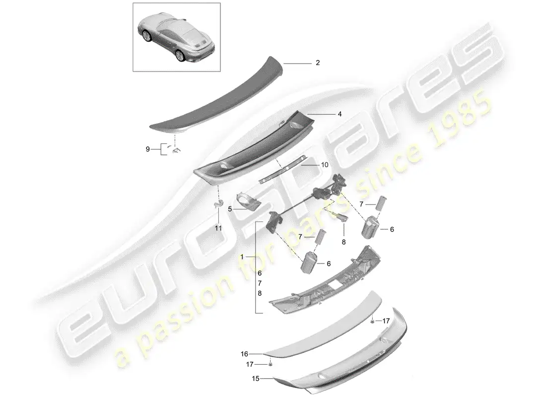 porsche 2014 (991-1 turbo) alerón trasero diagrama de piezas