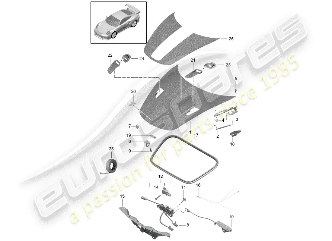 porsche 2014 (991-1 turbo) capucha diagrama de piezas