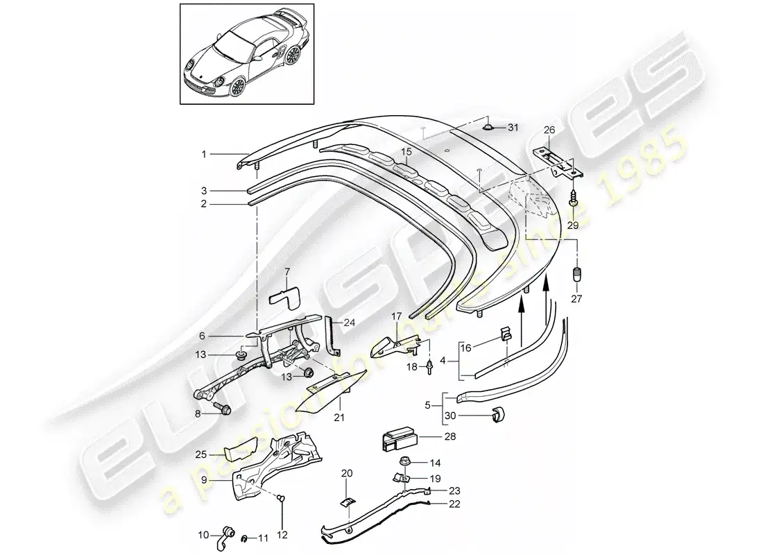 porsche 2012 (997-2 turbo / gt2 rs) caja de almacenaje superior diagrama de piezas