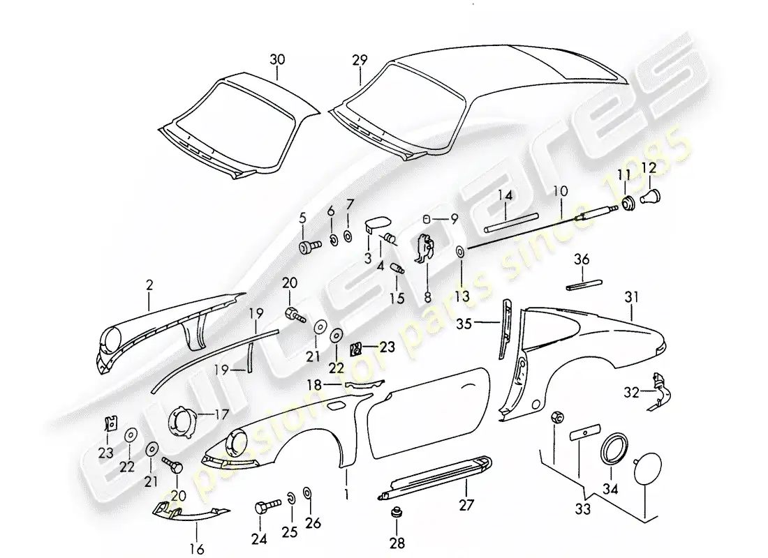 porsche 1965 (911/912) paneles exteriores diagrama de piezas