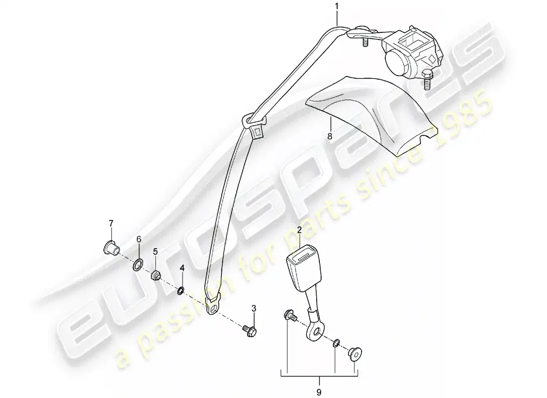porsche 2005 (carrera gt) cinturón de seguridad - 3-point automático. diagrama de piezas del cinturón de seguridad