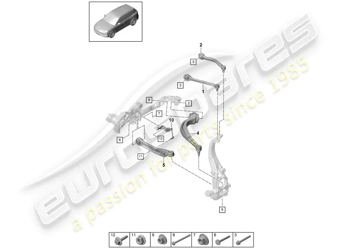 porsche 2018 (cayenne e3 9ya/9yb) brazo de control de oruga diagrama de piezas