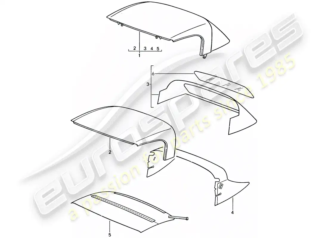 porsche 1992 (968) capota convertible - cobertura superior convertible diagrama de piezas
