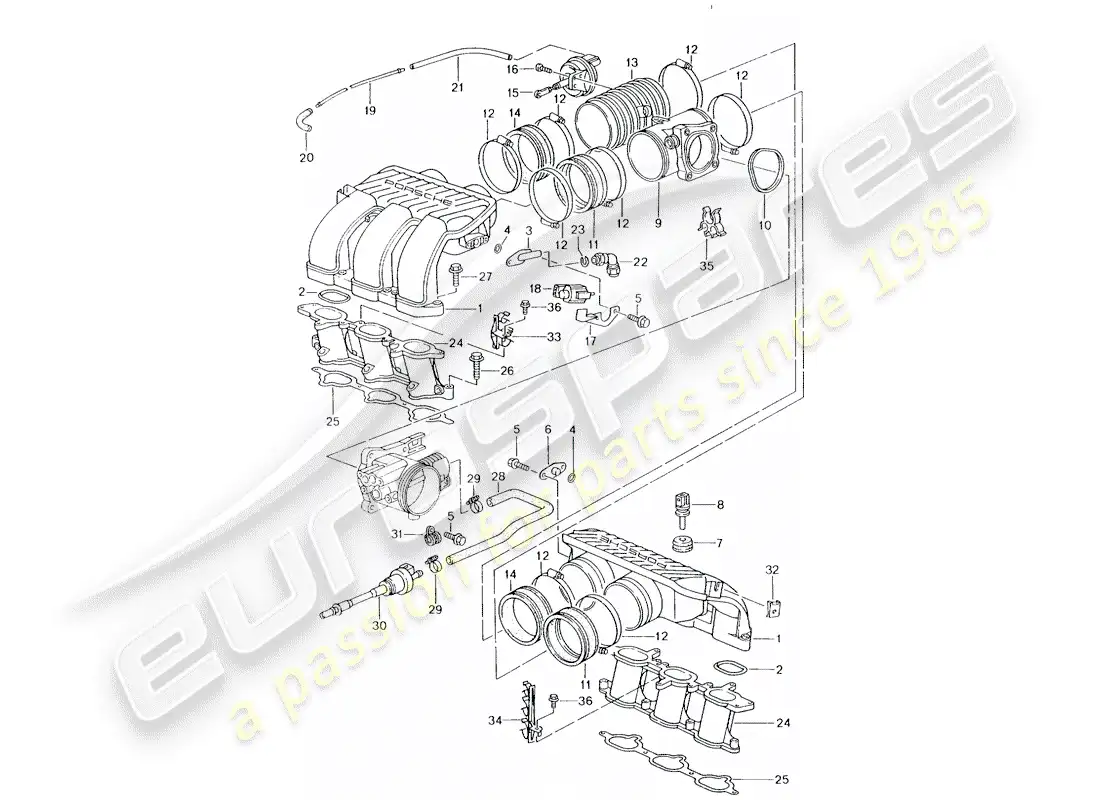 porsche 2002 (996) distribuidor de aire de admisión diagrama de piezas