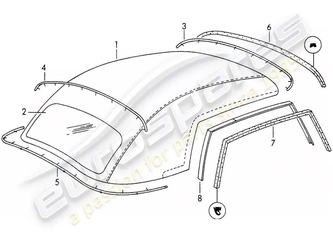 porsche 1950 (356/356a) cubierta de capota convertible diagrama de piezas