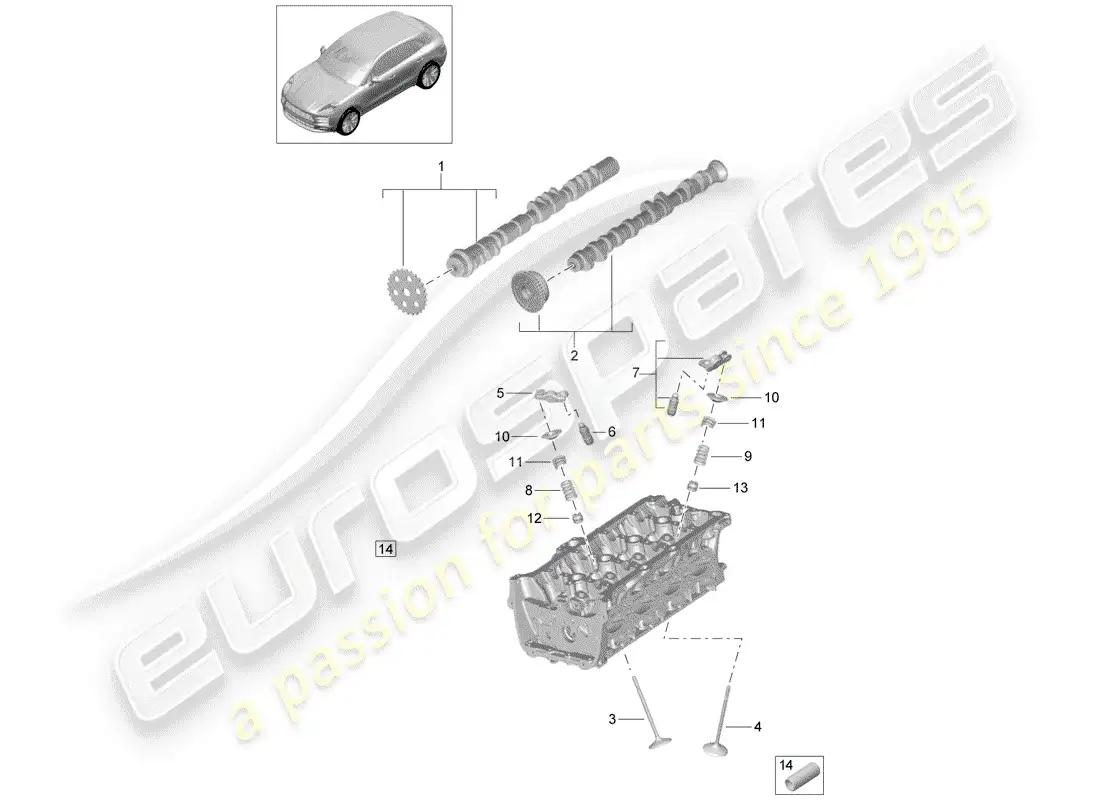 porsche 2019 (macan) árbol de levas, válvulas diagrama de piezas