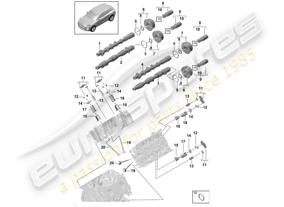 porsche 2019 (macan) árbol de levas, válvulas diagrama de piezas