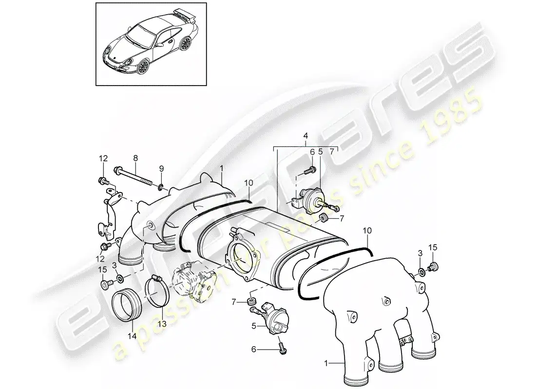 porsche 2008 (997-1 gt3) distribuidor de aire de admisión diagrama de piezas