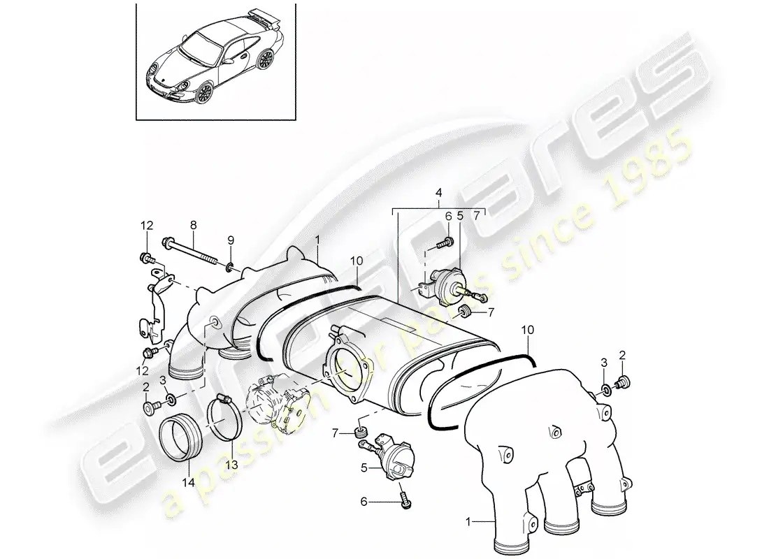 porsche 2008 (997-1 gt3) distribuidor de aire de admisión diagrama de piezas