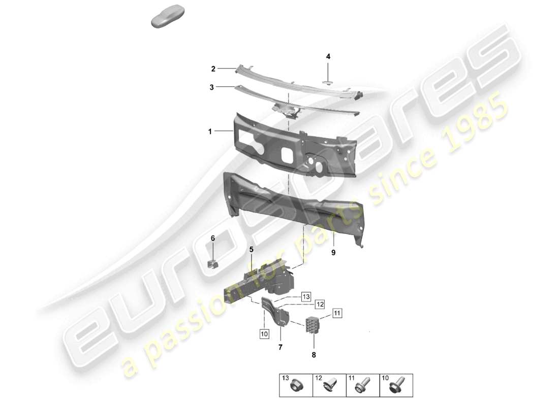 porsche 2026 (macan-e) diagrama de piezas del cortafuegos del miembro lateral del extremo frontal