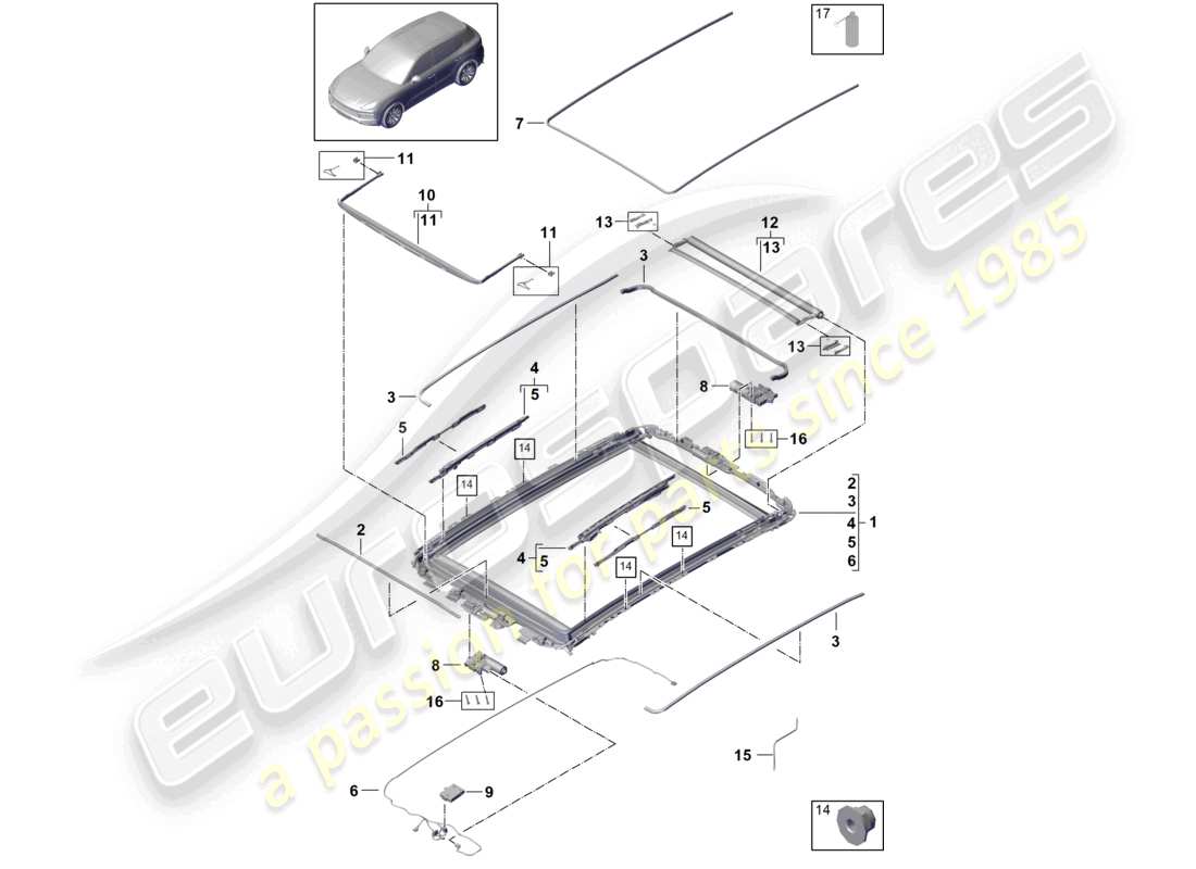 porsche 2023 (cayenne e3 9ya/9yb) diagrama de piezas de accesorios del marco del techo de vidrio