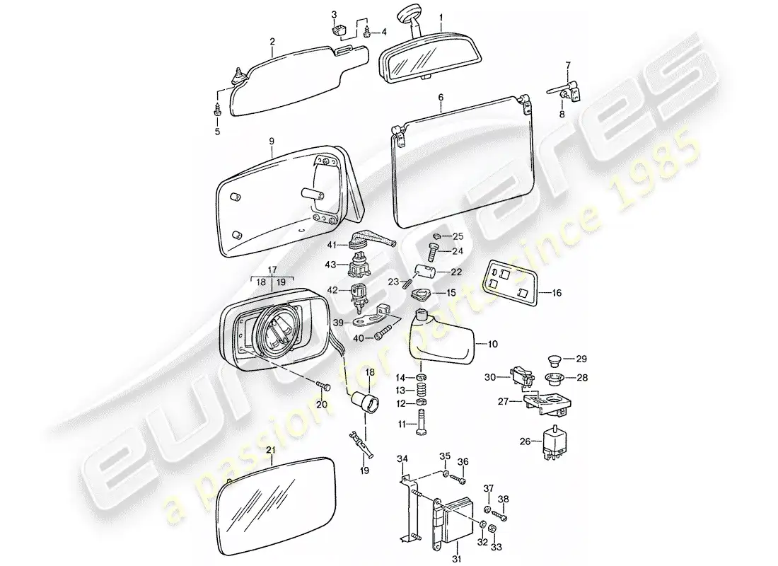 porsche 1989 (928) visera solar - espejo retrovisor interior - espejo retrovisor diagrama de piezas
