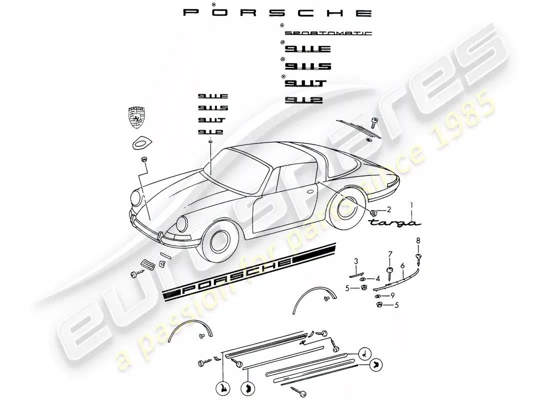 porsche 1969 (911/912) accesorios decorativos diagrama de piezas
