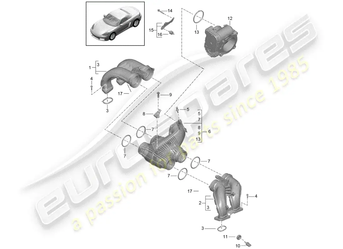 porsche 2019 (718 boxster) distribuidor de aire de admisión diagrama de piezas