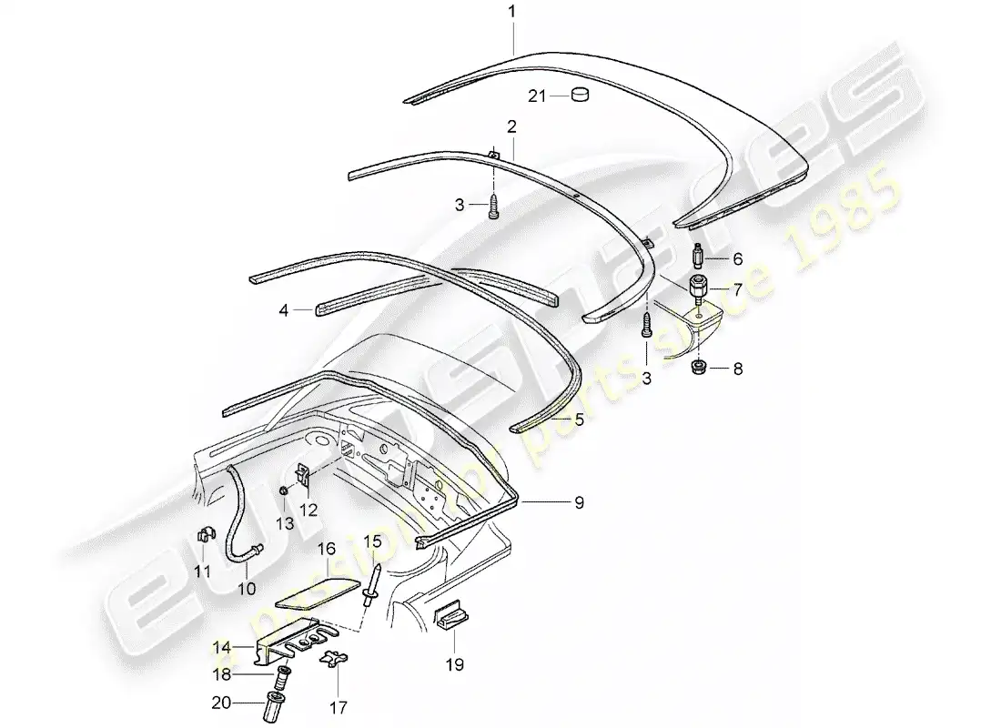 porsche 1999 (986 boxster) caja de almacenaje superior - tapa - juntas diagrama de piezas
