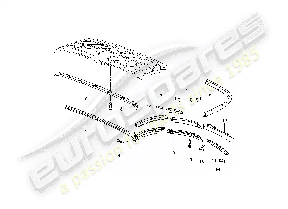 porsche 2004 (996 turbo / gt2) top convertible - tira de sello diagrama de piezas