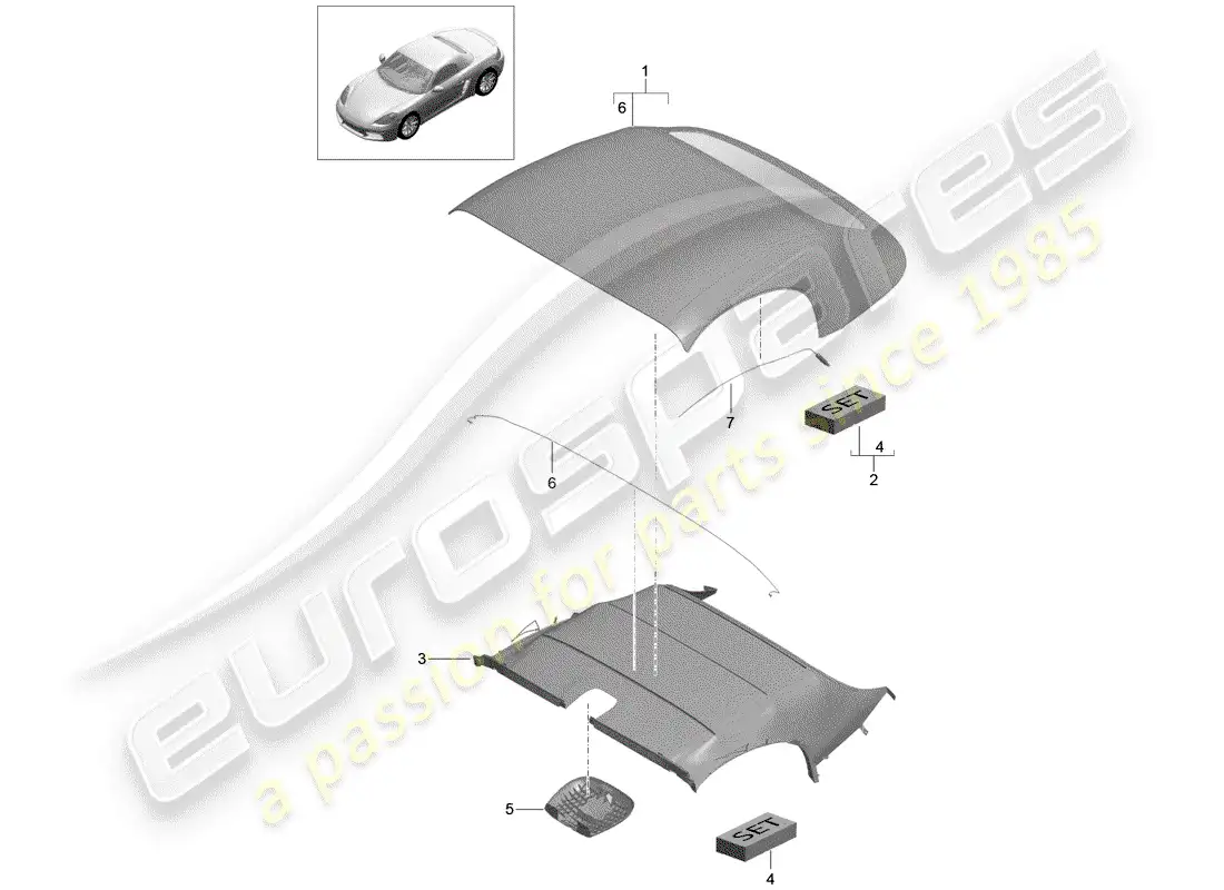 porsche 2018 (718 boxster) cubierta de capota convertible diagrama de piezas