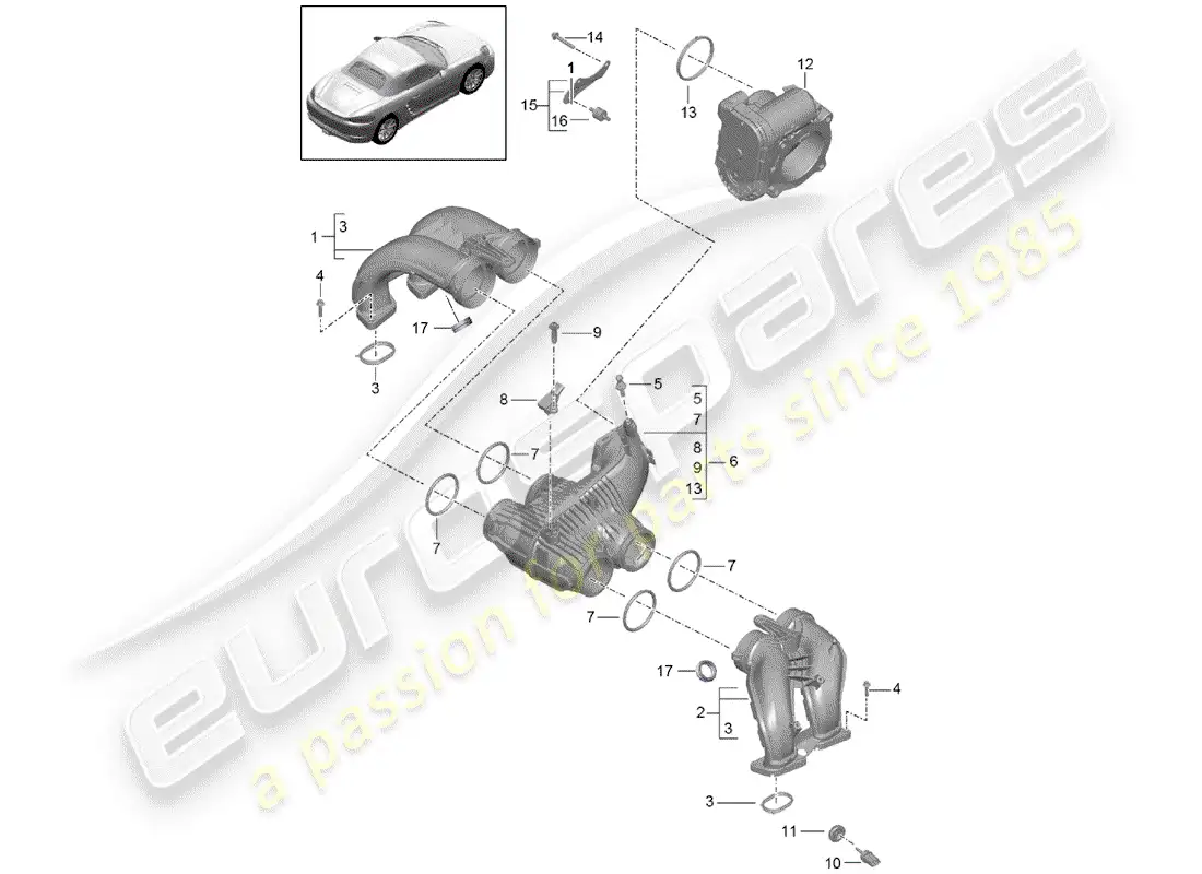 porsche 2018 (718 boxster) distribuidor de aire de admisión diagrama de piezas