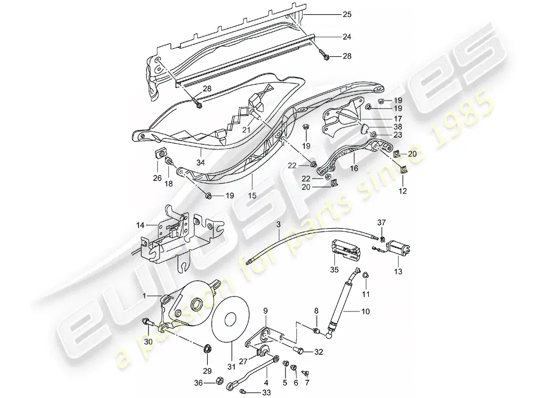 porsche 1999 (986 boxster) marco superior - unidad de impulsión - caja de almacenaje superior - cubierta diagrama de piezas