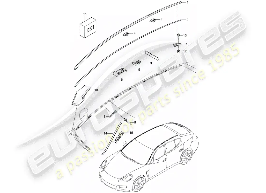 porsche 2013 (panamera 970) tira de borde de techo diagrama de piezas