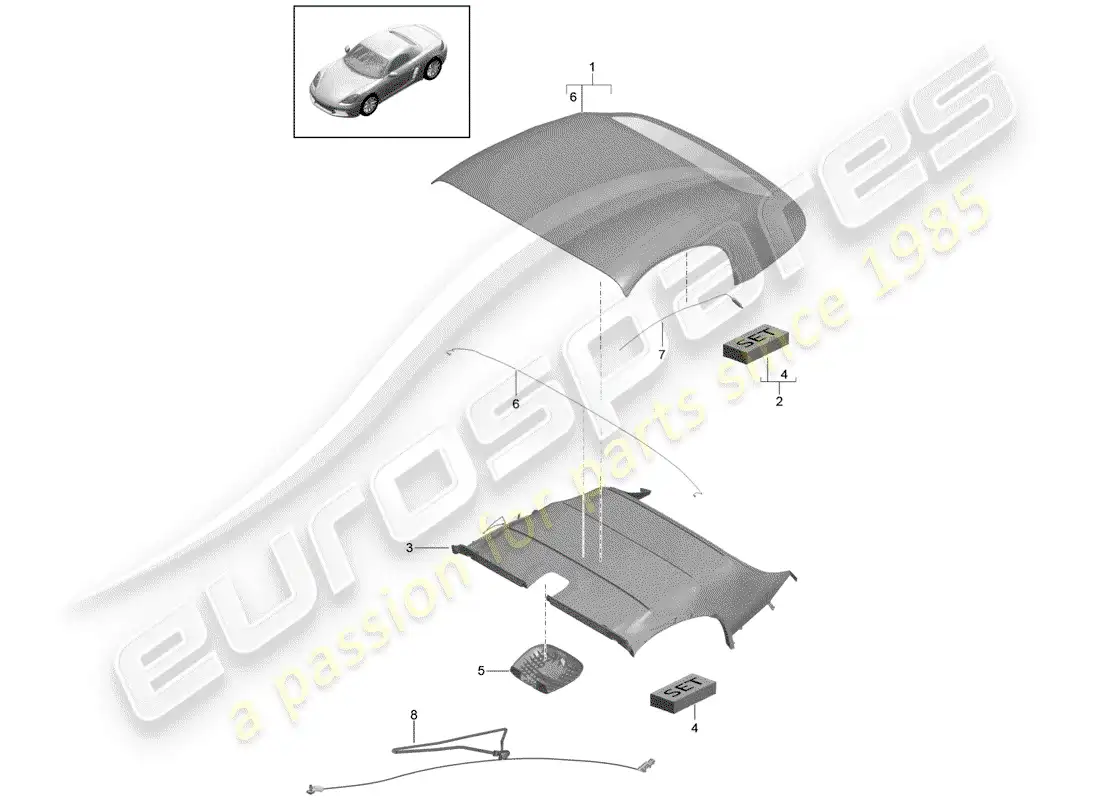 porsche 2017 (718 boxster) cubierta de capota convertible diagrama de piezas