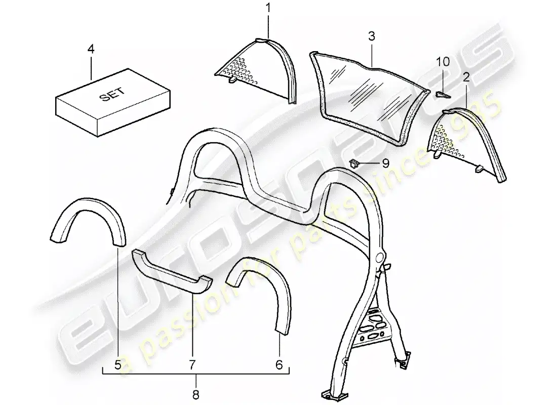 porsche 2001 (986 boxster) parabrisas - y - embellecedores - barra antivuelco diagrama de piezas